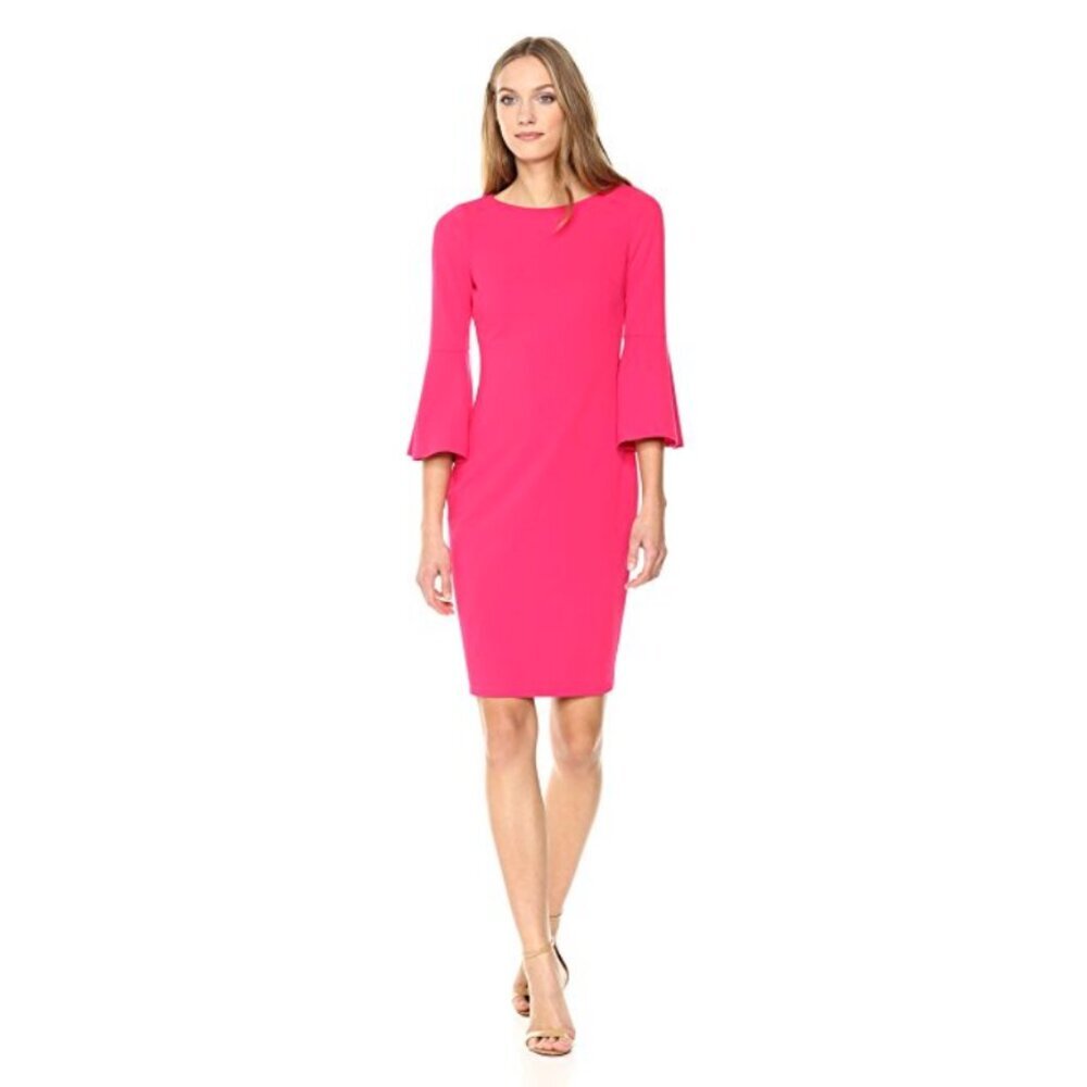 NEW Calvin Klein Hot Pink Scuba Crepe Sheath Bell Sleeves Work Office Knee